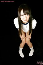 Mizushima Ai leaning forward in gym class uniform knees pressed together